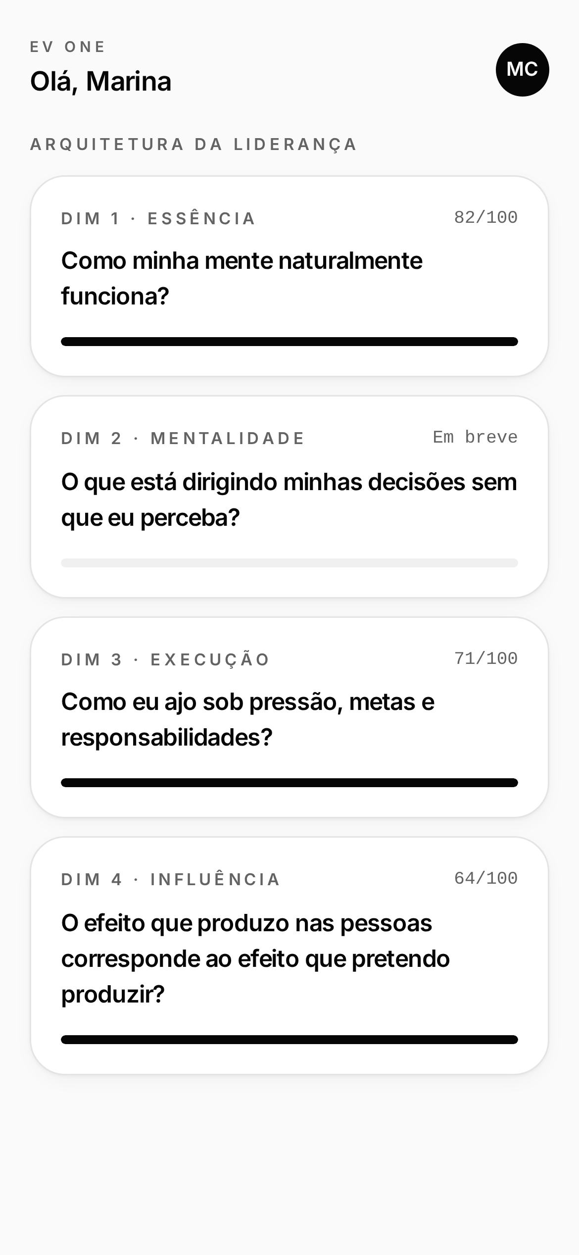 Tela mobile do EV One listando as dimensões da Arquitetura com progresso.