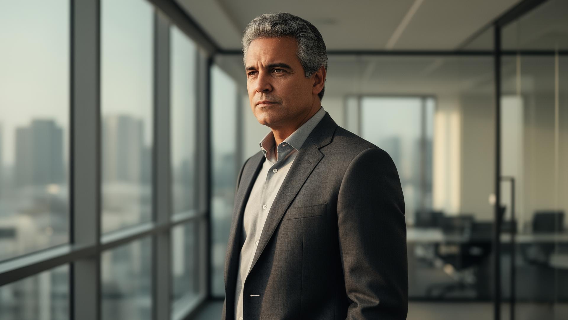 Líder executivo em ambiente corporativo iluminado